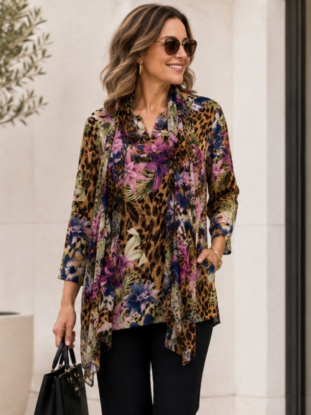 IMAN Global Chic Shirt Tunic & Scarf Set Tropical Leopard Print Size L NWOT